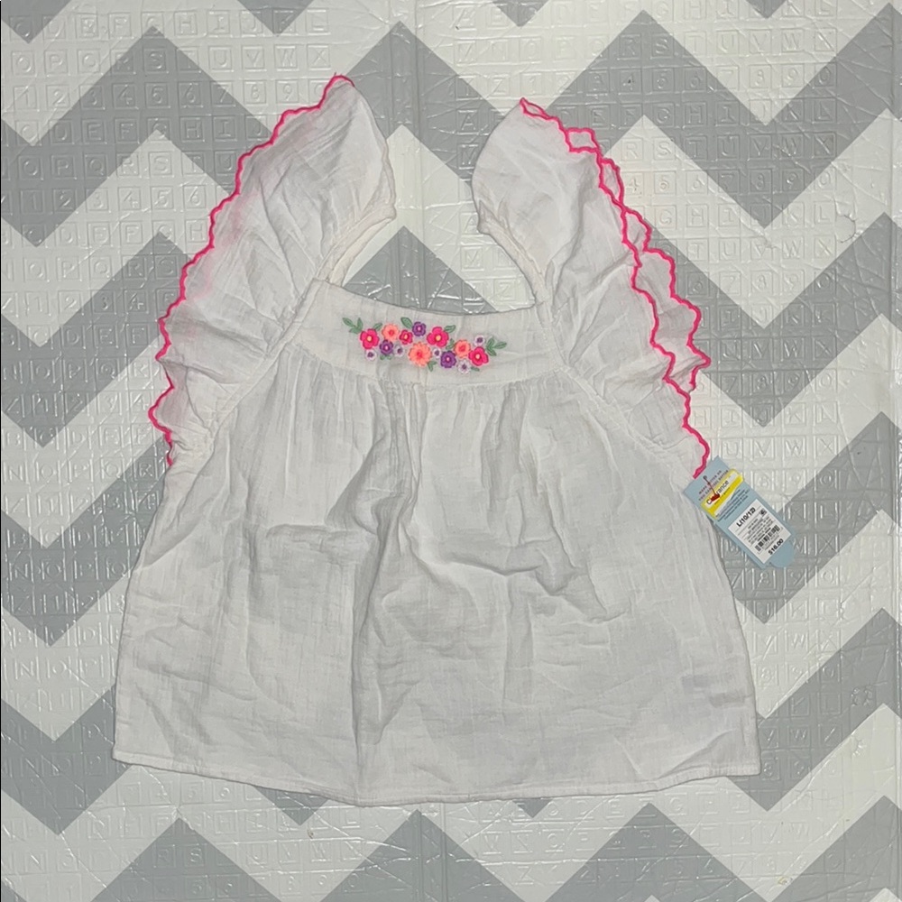 White Top with Pink Ruffle Trim 100% cotton ruffles arm large 10/12